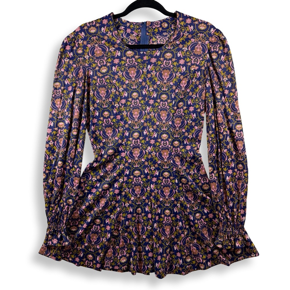 Vintage 70s Floral Mini Dress Small Blue Pink Puff Sleeve Fit Flare Mod Boho